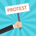 Protest placard. Hand holding a protest sign or banner. Revolution, politic or riot design template. Vector illustration Royalty Free Stock Photo